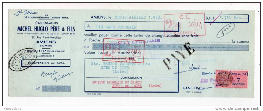 Le Dépoussiérage Industriel, Ets Michel Huglo Père &amp; Fils, Amiens 1958 - Lettres De Change