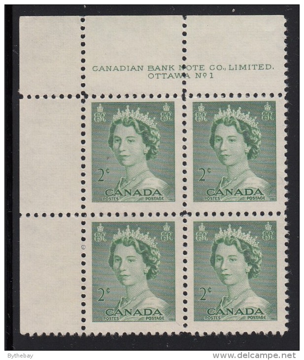 Canada MNH Scott #326 2c Queen Elizabeth II, Karsh Portrait - Plate No.1, Upper Left - Num. Planches & Inscriptions Marge