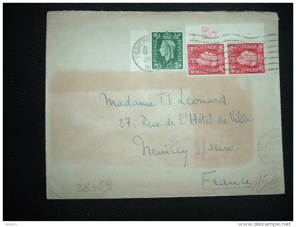 LETTRE POUR FRANCE TP 1D PAIRE AVEC BORD C/38 15 + 1/2D BORD C/38 40 OBL.MEC. 12 IX 1938 WEST KESSINGTON - Storia Postale