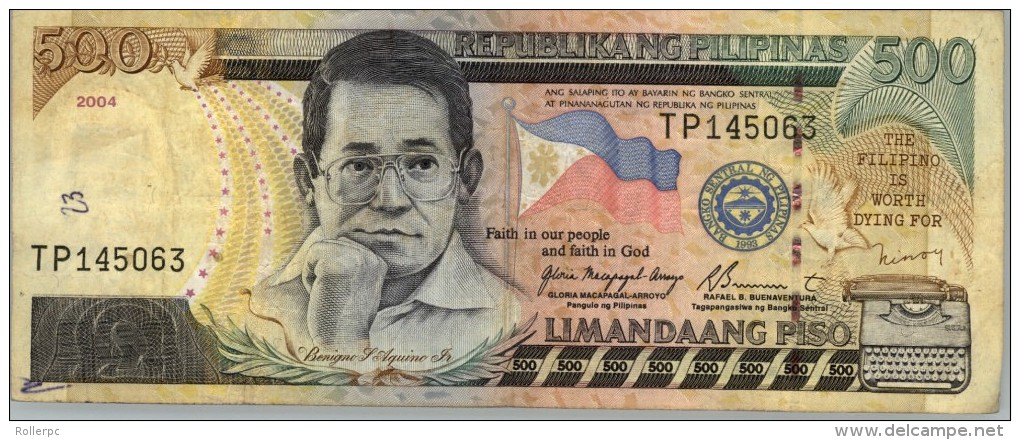 100139 PHILIPPINES 500 PISO 2004 AQUINO JR. & VARIOUS SCENES  [WELLCIRCULATED] - Filipinas