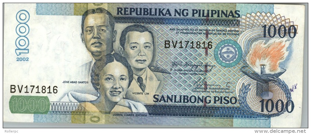 100141 PHILIPPINES 1000 PISO 2002 ABAD SANTOS, LIM & LLANES ESCODA & BANAWE, MANUNGGUL & LANGGAL  [WELLCIRCULATED] - Philippines