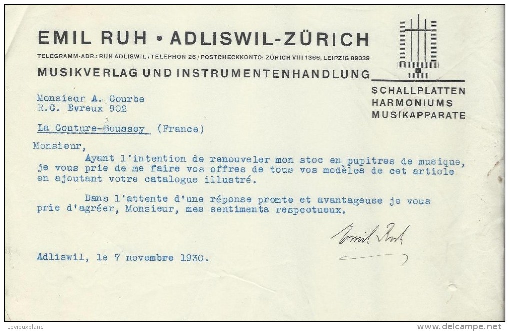 Lettre / Fabrique D´Instruments De Musique/Emil RUH/Adliswil/Zürich/Suisse/Courbe/La Couture Boussey/1930   PART185 - Autres & Non Classés