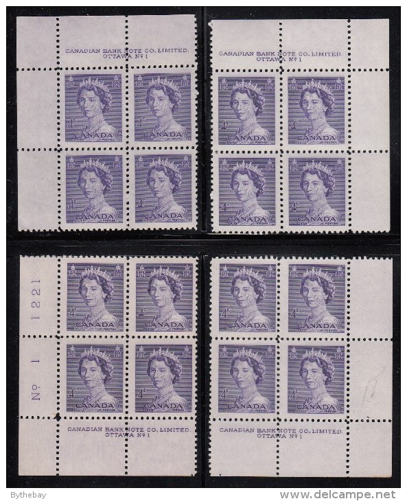 Canada MNH Scott #328 4c Queen Elizabeth II, Karsh Portrait - Plate No.1, Matching Set Of Corner Blocks - Num. Planches & Inscriptions Marge