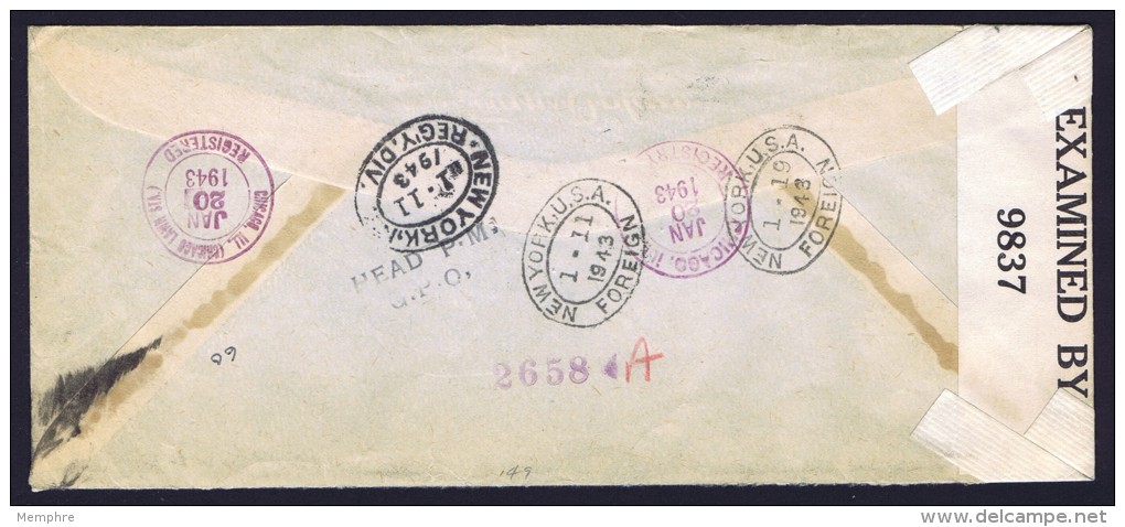 1943  Censored Registered Air Mail To UA  Sc 267 Solo Use - 1908-1947