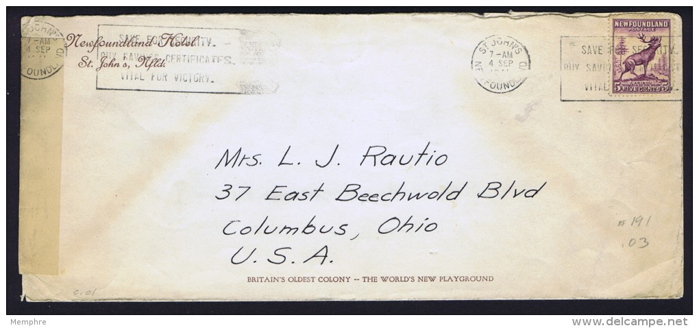 1941   Censored Letter To USA  Sc 190 Die I  Hotel Corner Card - 1908-1947