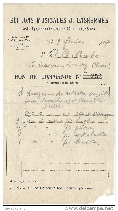 Bon De Commande/Fabrique D´instruments De Musique/J LASHERMES/St-Romain-en-Gal//Courbe/La Couture Boussey/1927   PART191 - Autres & Non Classés