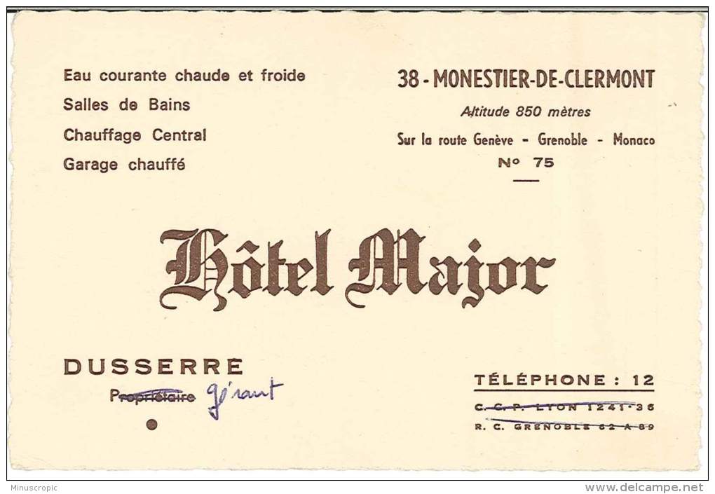 Carte De Visite 38 - Monestier De Clermont - Hôtel Major - Visitekaartjes