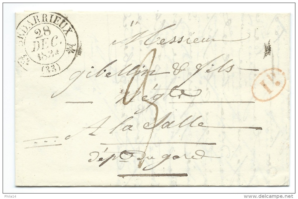 MARQUE POSTALE BEDARIEUX HERAULT POUR LASALLE GARD / 1834  / CAD TYPE 12 - 1801-1848: Précurseurs XIX