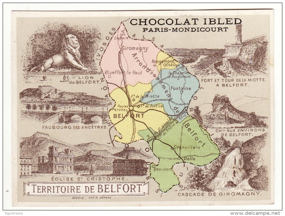 CHROMO Chocolat Ibled Bognard Département Territoire De Belfort Eglise St Christophe Cascade De Giromagny Fort Tour De - Ibled