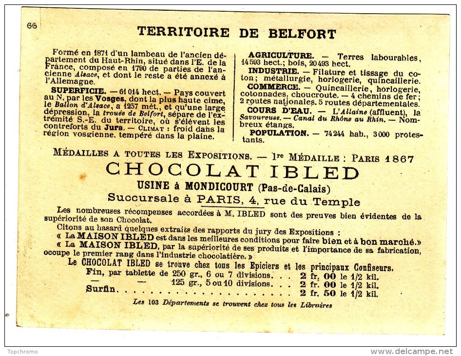 CHROMO Chocolat Ibled Bognard Département Territoire De Belfort Eglise St Christophe Cascade De Giromagny Fort Tour De - Ibled