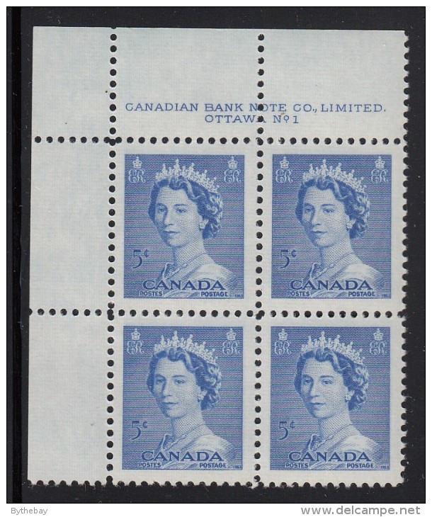 Canada MNH Scott #329 5c Queen Elizabeth II, Karsh Portrait - Plate No.1, Upper Left - Num. Planches & Inscriptions Marge