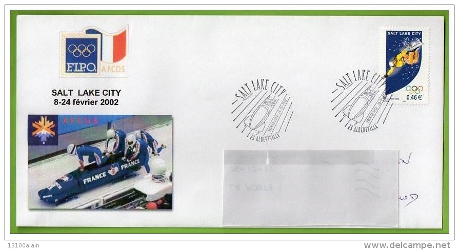 Enveloppe FDC Timbre France Obl Albertville 26.1.2002 JO SALT LAKE CITY Bobsleigh Bobsled Jeux Olympiques Sport D'hiver - Inverno2002: Salt Lake City