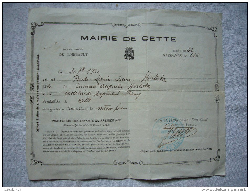 Extrait De Naissance Le 30 Juillet 1922 Mairie De CETTE (Sète, Hérault) De Paule Marie  Hortala - Historical Documents