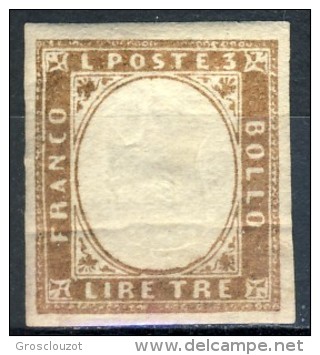 FALSISSIMO DA COLLEZIONE. RARITA' - Sardegna 1860,  VE, 4° Emissione, N. 18, Lire 3 Rame Scuro, Effige Capovolta MH - Sardegna