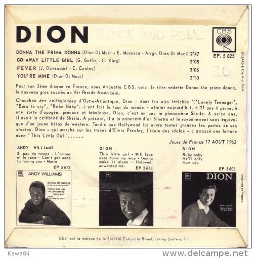 EP 45 RPM (7")  Dion  "  Donna The Prima Donna  " - Rock