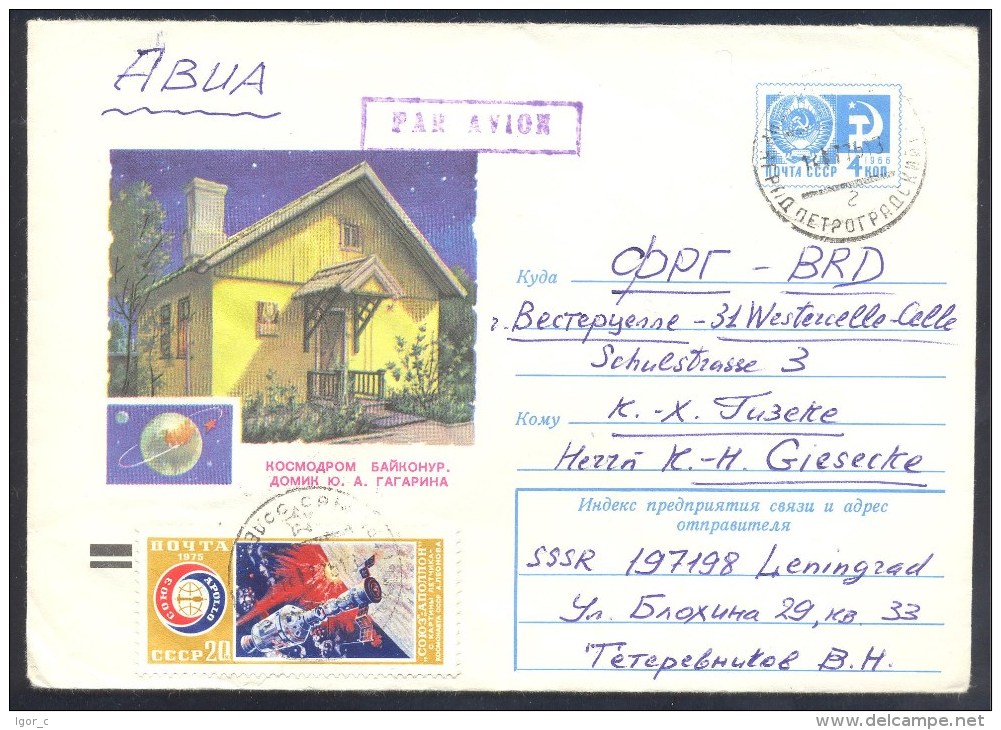 Russia CCCP PS Postal Stationery Air Mail Cover: Space Weltraum; Astronaut Cosmonaut; Apollo - Soyuz; Yuri Gagarin Home - America Del Nord