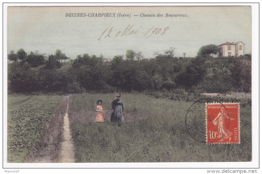 Decines-Charpieux - Chemin Des Amoureux (femme Et Sa Fille à Travers Prés - Circulé 1908, Colorisée - Autres & Non Classés