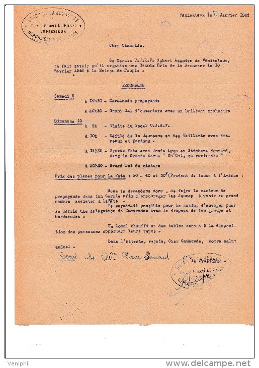 VENISSIEUX -PROGRAMME UNION DE LA JEUNESSE REPUBLICAINE DE FRANCE 28-01-1946 - Programmes