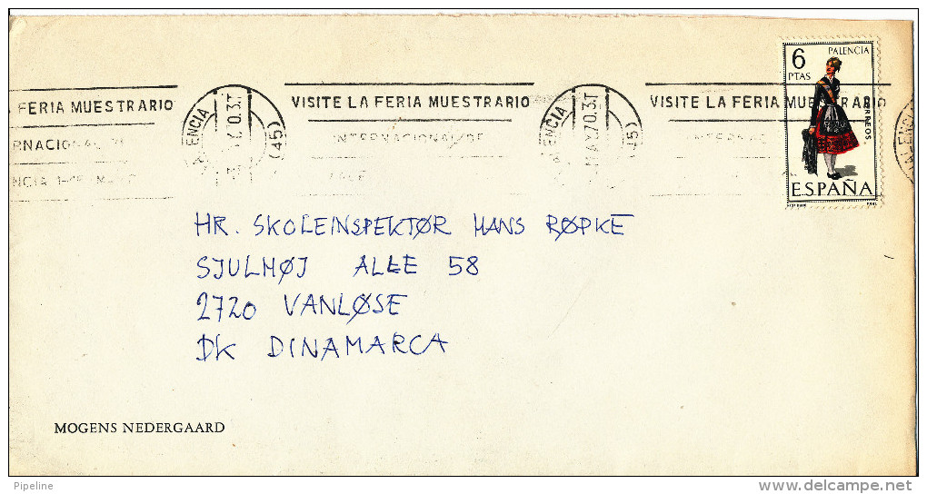 Spain Cover Sent To Denmark Valencia May 1970 Single Stamped - Lettres & Documents