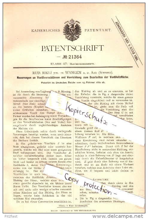 Original Patent - Rud. Rikli In Wangen A.d. Aare , 1882 , Vorrichtung Zum Bearbeiten Von Ventilsitzen , Maschinenbau !!! - Wangen An Der Aare