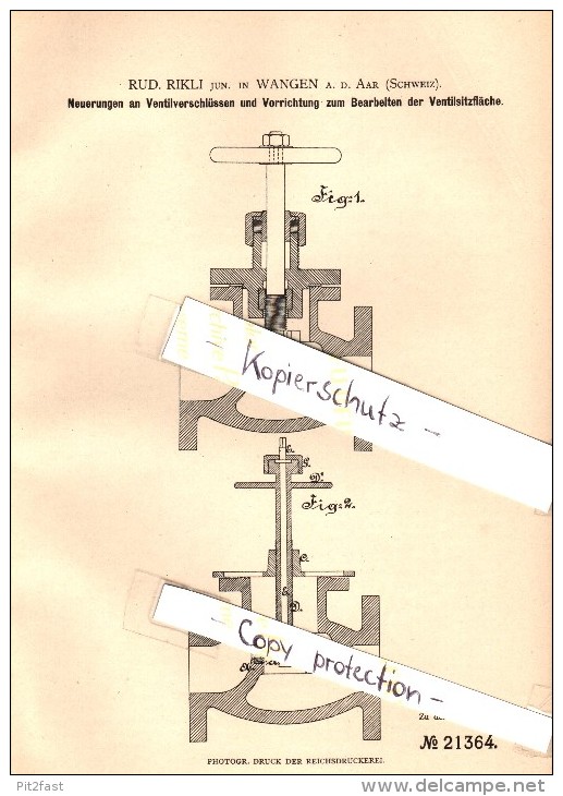 Original Patent - Rud. Rikli In Wangen A.d. Aare , 1882 , Vorrichtung Zum Bearbeiten Von Ventilsitzen , Maschinenbau !!! - Wangen An Der Aare