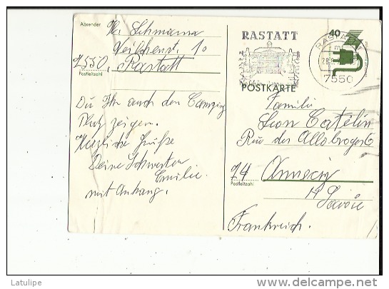 Carte Potale (Entier Postaux )  De Exp: Mr Schumann A Rastatt  Adressé A Famille Leon, Castelin A Annecy 74 En 1977 - Postales Privados - Usados