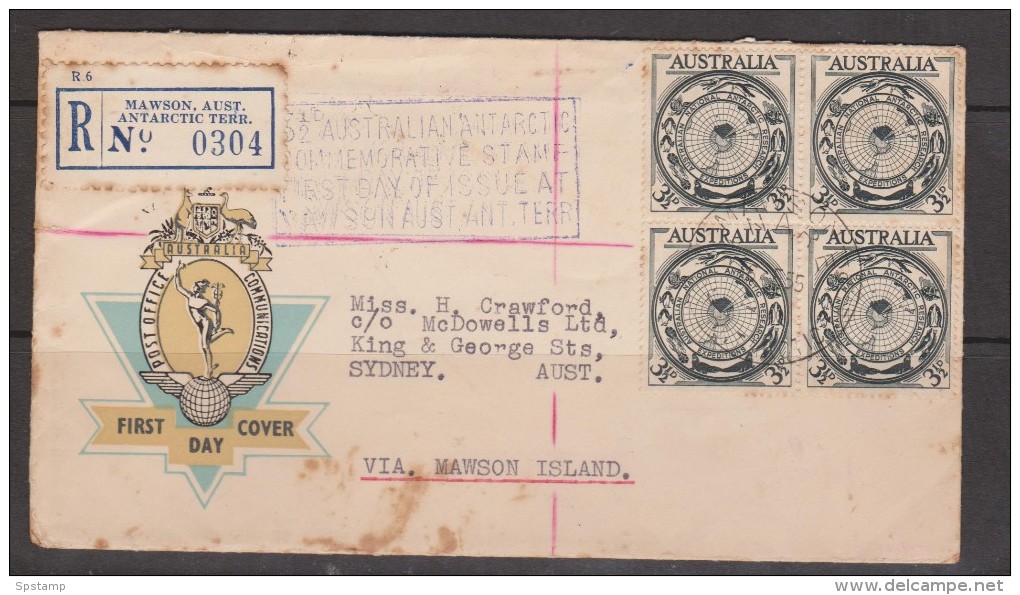 Australian Antarctic Territory 1954 Mawson Registered Cover To Sydney With Australian 3 & 1/2d Antarctic Map Block 4 - Other & Unclassified