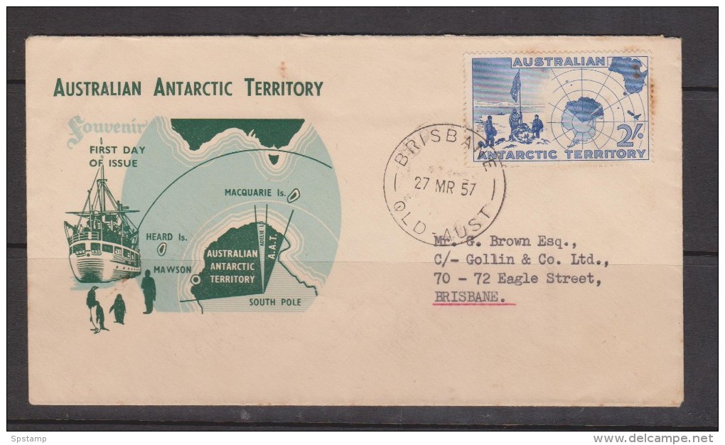 Australian Antarctic Territory 1957 2 Shilling Map On Addressed FDC , Brisbane Cds , Perf Tip Toning - Other & Unclassified