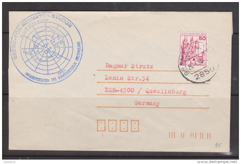 German Antarctic Research - Neumayer Station Cachet On Philatelic Cover , Adhesive Tied On Arrival At Bremen - Covers & Documents