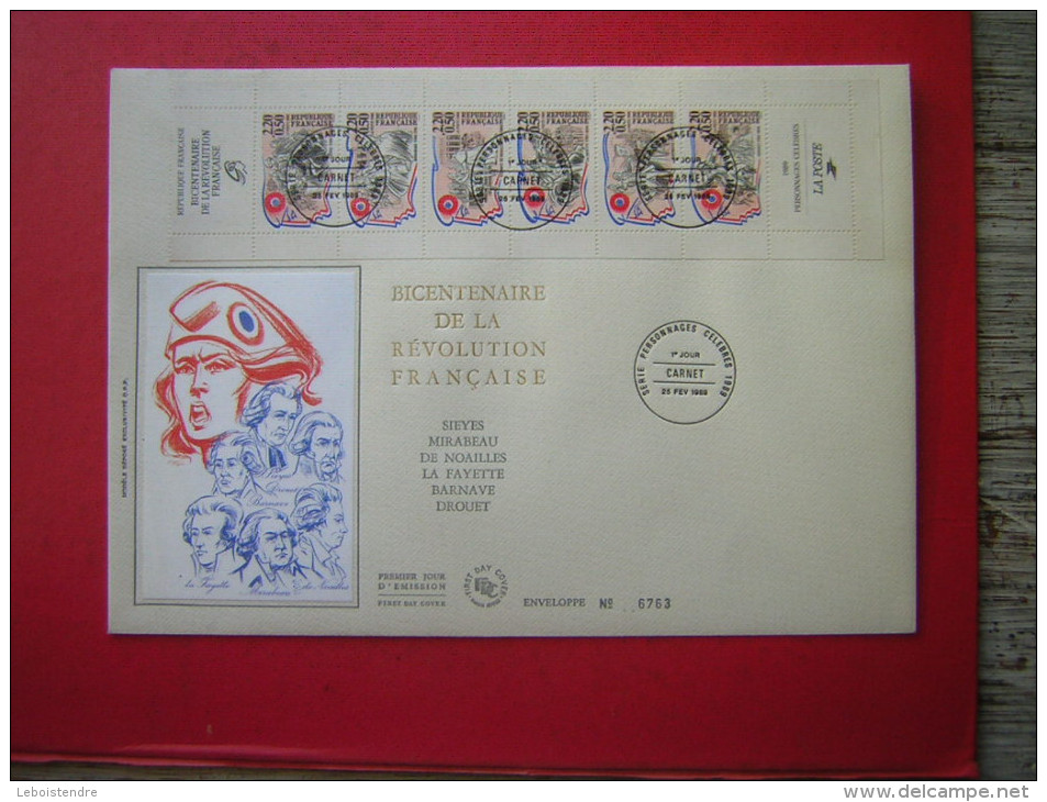 GRANDE ENVELOPPE N° 6763  1er JOUR CARNET  1989  BICENTENAIRE DE LA REVOLUTION FRANCAISE  SERIE PERSONNAGE CELEBRES - Commémoratifs