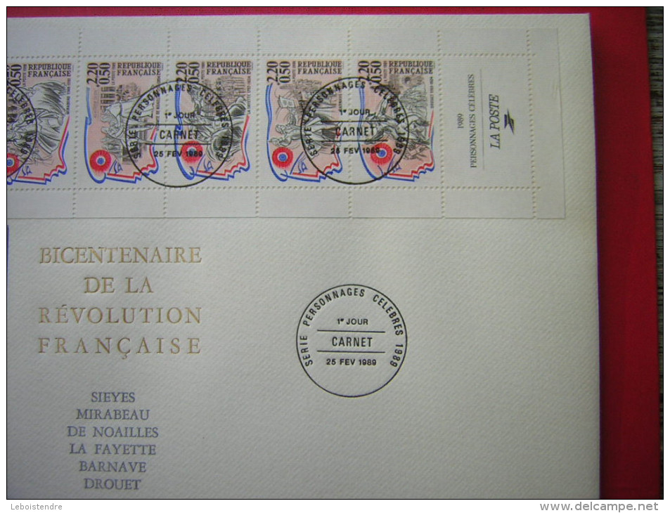 GRANDE ENVELOPPE N° 6763  1er JOUR CARNET  1989  BICENTENAIRE DE LA REVOLUTION FRANCAISE  SERIE PERSONNAGE CELEBRES - Commémoratifs