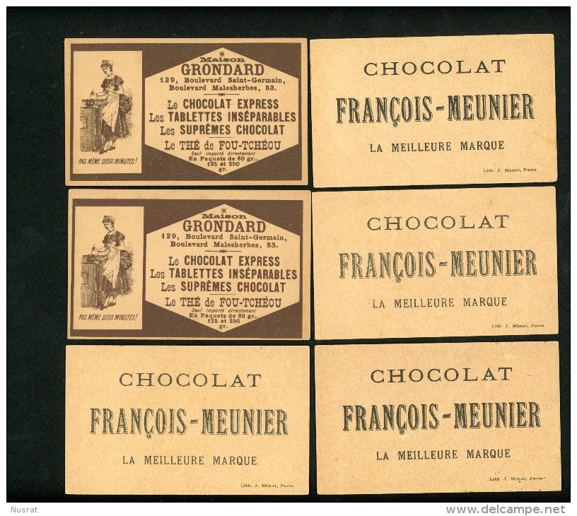 Chocolat Meunier & Grondard, Lot De 6 Chromos Lith. J. Minot, Personnages, Humour, Voir Scans Pour Détail - Sonstige & Ohne Zuordnung