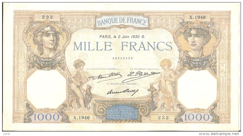 - BILLETS - 1932 - CERES ET MERCURE - X1946 - 233 - 1 000 F 1927-1940 ''Cérès Et Mercure''