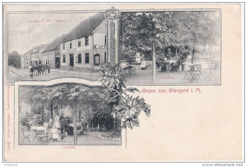 Gruß Aus STARGARD I Mecklenburg Gasthof Zur Linde Strasse U Gartenseite Belebt Jugendstil 5.8.1907 Gelaufen - Neubrandenburg