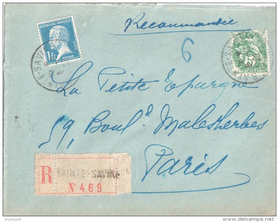 2905 Sainte SAVINE Aube Lettre Recommandée 5c Blanc Yv 111   1 F Pasteur Bleu Yv 179  Ob 6 2 1923 - Storia Postale