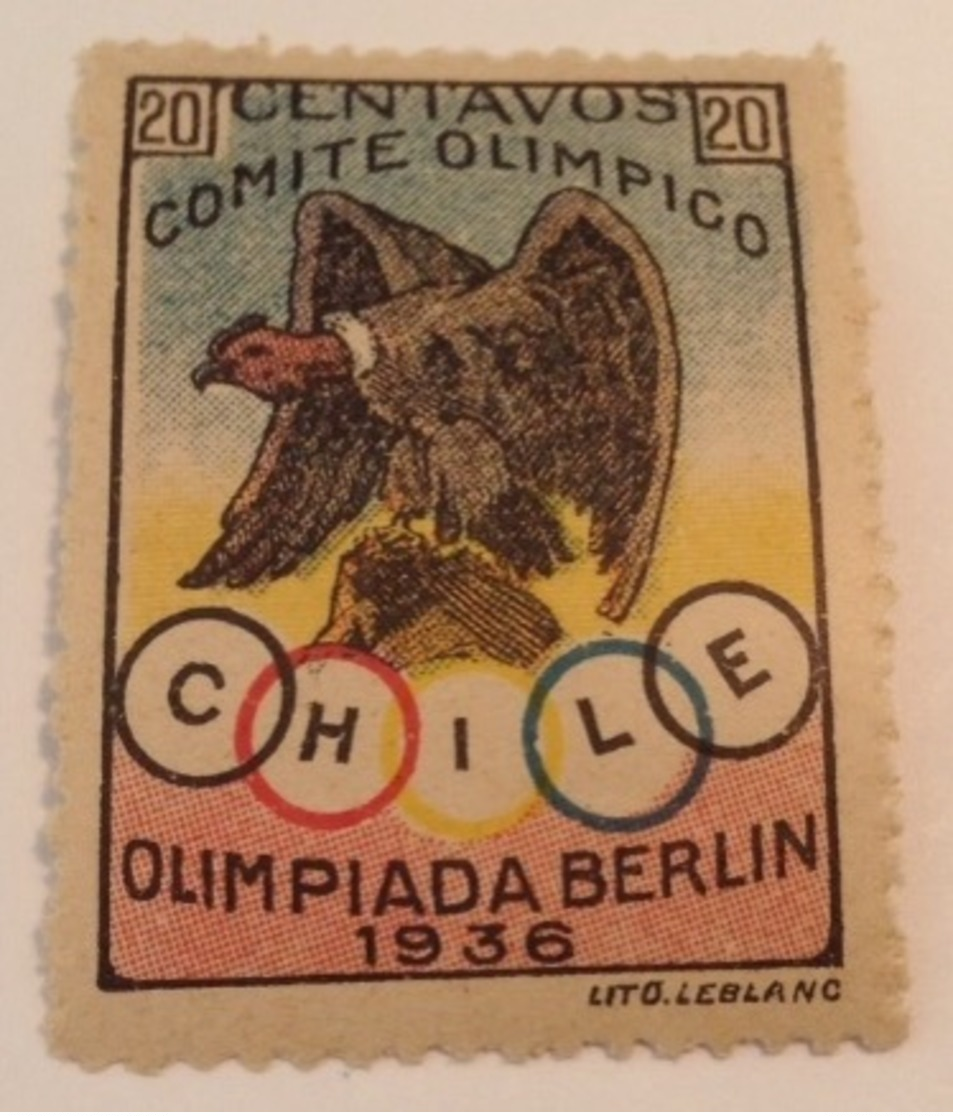 Olympic Games 1936 Berlin RARE LABEL CHILE COMITE OLIMPICO OLIMPIADA (jeux Olympiques Vignette Condor Olympische Spiele - Sommer 1936: Berlin