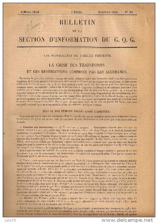 Document Militaire - Bulletin De La Section D´Information Du G.Q.G - "La Crise Des Transports Et Les Destructions..." - Historical Documents