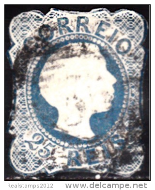 PORTUGAL - 1855-1856,  D. Pedro V. Cabelos Lisos.  25 R.   Tipo I, Azul Claro   (o)   MUNDIFIL  Nº 6 - Oblitérés