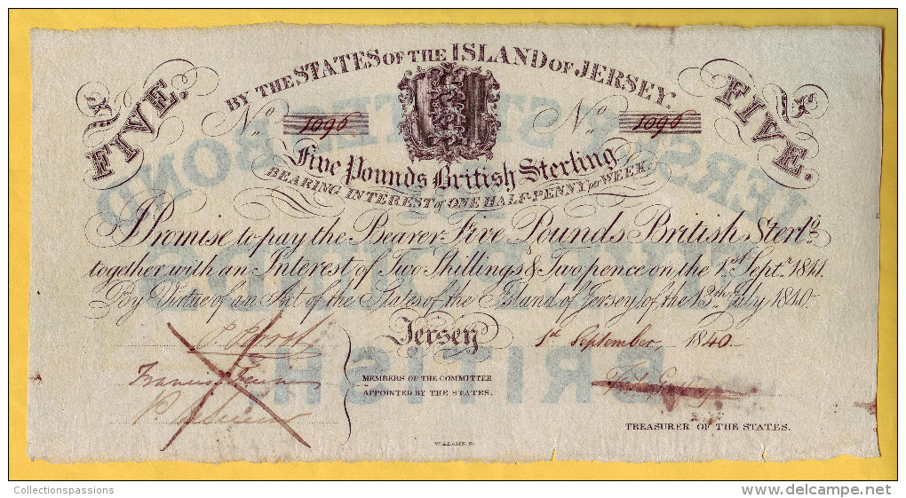 JERSEY - Billet De 5 Pounds. 1 Septembre 1840.  Pick: A1. TTB - Jersey