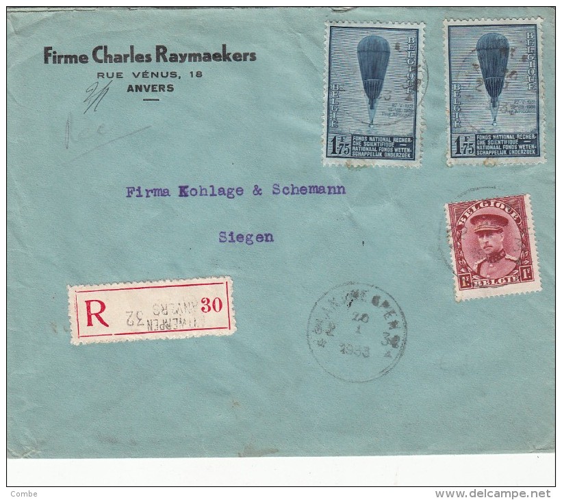 1933 LETTRE BELGIQUE. RECOMMANDE ANVERS FIRME CHARLES RAYMAEKERS RUE VENUS / 5341 - Briefe U. Dokumente