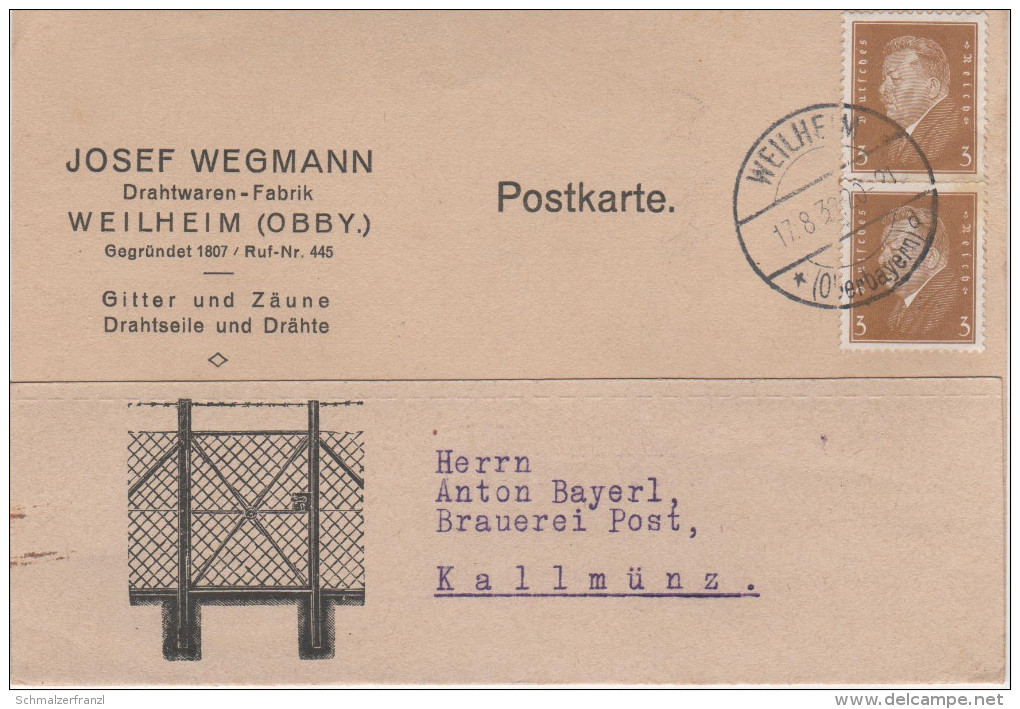 Postkarte Deutsches Reich 1932 Wegmann Drahtwaren Fabrik Weilheim An Anton Bayerl Brauerei Post Kallmünz Burglengenfeld - Briefe U. Dokumente