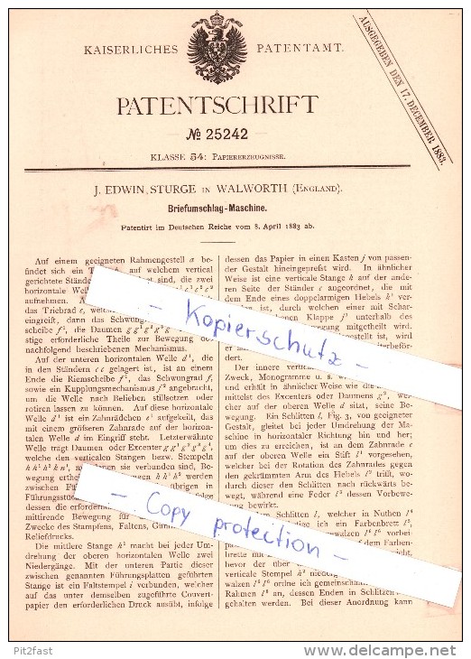 Original Patent - J. Edwin Sturge In Walworth , England , 1883 , Envelope Machine , London !!! - Tools