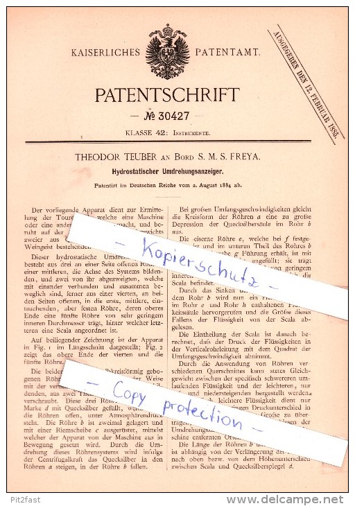 Original Patent - T. Teuber An Bord S. M. S. Freya , 1884 , Hydrostatischer Umdrehungsanzeiger !!! - Boten