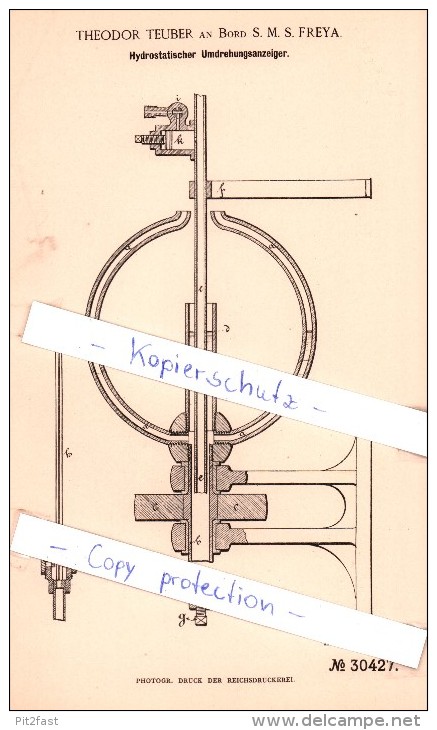 Original Patent - T. Teuber An Bord S. M. S. Freya , 1884 , Hydrostatischer Umdrehungsanzeiger !!! - Boten