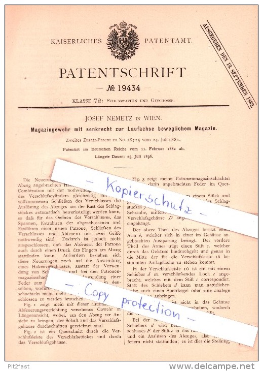 Original Patent   - Josef Nemetz In Wien , 1882 , Magazingewehr Mit Beweglichem Magazin , Gewehr !!! - 1914-18