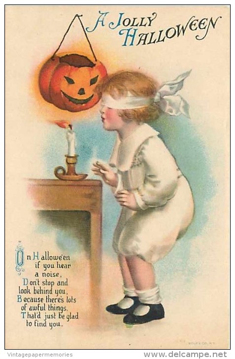 233381-Halloween, Wolf No 1-3 Quip, Ellen Clapsaddle, Blindfolded Boy Blows Out Candle With Jack O Lantern Hanging - Halloween