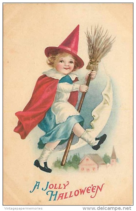 233403-Halloween, Wolf No 901-2, Ellen Clapsaddle, Witch In Red Cape & Hat Holding Broom, Crescent Moon Face Watching - Halloween