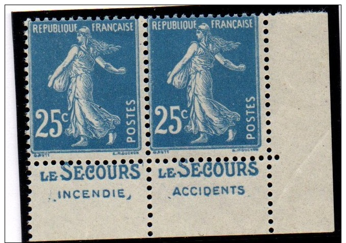 Semeuse N°140 - 25c Bleu Paire Type II De Carnet - Publicité "LE SECOURS" - Ongebruikt