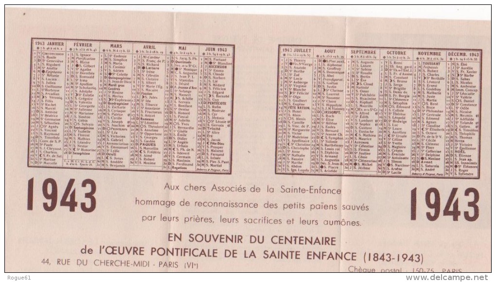 CALENDRIER  1943  ( L´ Oeuvre Pontificale De La Sainte Enfance ) - Petit Format : 1901-20