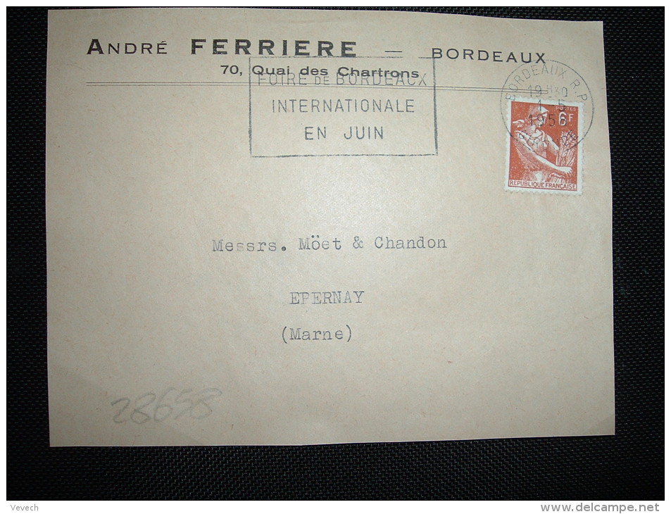 DEVANT LETTRE TP PAYSANNE 6F OBL.MEC.1-5-1958 BORDEAUX RP GIRONDE (33) ANDRE FERRIERE - Other & Unclassified